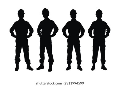 Engineer Boys silhouette collection. Male engineers and workers with anonymous faces. Man construction workers wearing uniforms and standing silhouettes. Male engineer silhouette on a white background