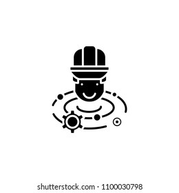 Engineer brainstorm black icon concept. Engineer brainstorm flat  vector symbol, sign, illustration.