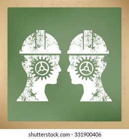 
Engineer, brainstorm design on old paper background, vector