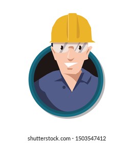 Engineer or builder character avatar for infographics for web. Vector isolated graphic design element, illustration. Avatar, icon, portrait, face, smiling, human, person, male, professional