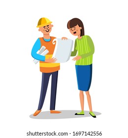 Engineer Builder Discussing With Woman Vector. Character Builder Man Wearing Construction Suit And Helmet With Paper List Speaking With Happy Smiling Young Lady. Flat Cartoon Illustration