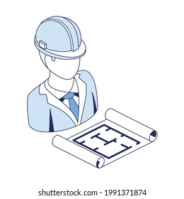 Engineer builder in hard hat blueprint. Vector 3d line isometric, color web icons, new flat style. Creative design idea and elements for infographics.