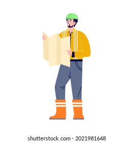 Ingeniero o constructor de casco contiene planos de reparación de edificios o construcción de carreteras. Ilustración vectorial de caricatura plana aislada en blanco.