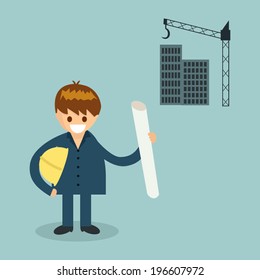Engineer builder holding safety vest with blueprint at construction site