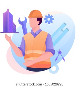 Engineer building construction flat illustration
