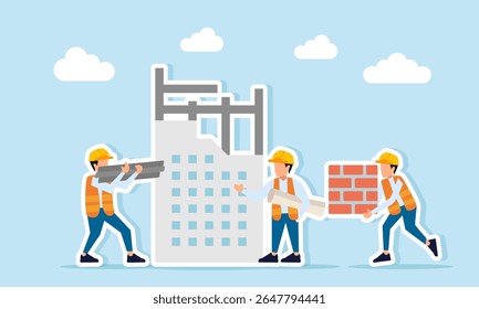 Engineer at a building construction site giving instructions to a worker carrying stacks of iron beams and bricks illustration of coordination and instruction in building project