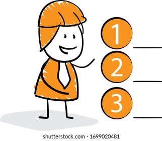 Engineer Businessman manager and number list icon stick figure. 
Boy hand drawn doodle line art cartoon design character - isolated vector illustration outline of man.