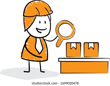 Engineer Businessman manager using magnifier checking packaging process. 
Boy hand drawn doodle line art cartoon design character - isolated vector illustration outline of man.