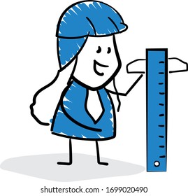 Engineer Businessman manager using ruler. 
Girl hand drawn doodle line art cartoon design character - isolated vector illustration outline of woman.