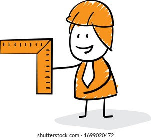 Engineer Businessman manager using  square ruler. 
Boy hand drawn doodle line art cartoon design character - isolated vector illustration outline of man.