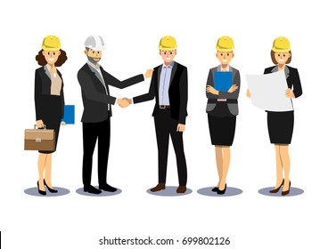 Ingeniero y hombre de negocios se dan la mano después de planificar un nuevo proyecto, equipo de ingeniería y negocios, dibujos de tipo plano de dibujo ilustrado vectorial.