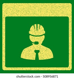 Engineer Calendar Day grainy textured icon for overlay watermark stamps. Flat symbol with dirty texture. Dotted vector yellow ink rubber seal stamp with grunge design on a green background.
