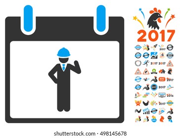 Engineer Calendar Day icon with bonus calendar and time management pictures. Vector illustration style is flat iconic symbols, blue and gray colors, white background.