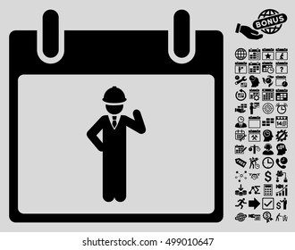 Engineer Calendar Day icon with bonus calendar and time management pictures. Vector illustration style is flat iconic symbols, black, light gray background.