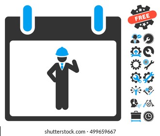 Engineer Calendar Day icon with bonus service graphic icons. Vector illustration style is flat iconic symbols, blue and gray, white background.