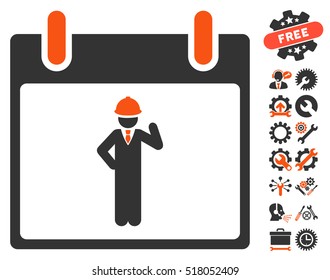Engineer Calendar Day icon with bonus service images. Vector illustration style is flat iconic symbols, orange and gray, white background.