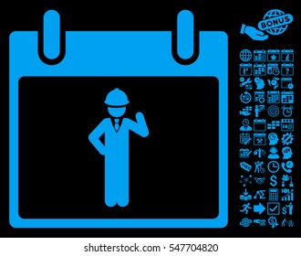 Engineer Calendar Day icon with bonus calendar and time management graphic icons. Vector illustration style is flat iconic symbols, blue, black background.