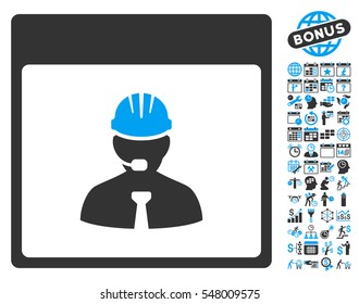 Engineer Calendar Day icon with bonus calendar and time management symbols. Vector illustration style is flat iconic symbols, blue and gray, white background.