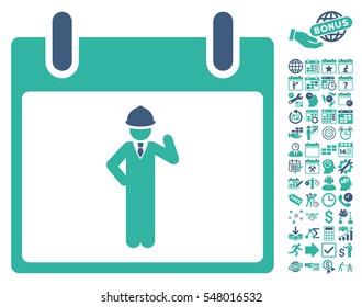 Engineer Calendar Day icon with bonus calendar and time management pictograms. Vector illustration style is flat iconic symbols, cobalt and cyan, white background.