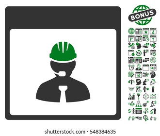 Engineer Calendar Day icon with bonus calendar and time management pictograph collection. Vector illustration style is flat iconic symbols, green and gray, white background.