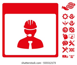 Engineer Calendar Day icon with bonus configuration design elements. Vector illustration style is flat iconic symbols, red, white background.