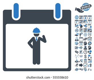 Engineer Calendar Day icon with bonus calendar and time management pictograms. Vector illustration style is flat iconic symbols, smooth blue, white background.