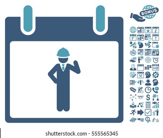 Engineer Calendar Day icon with bonus calendar and time management graphic icons. Vector illustration style is flat iconic symbols, cyan and blue, white background.