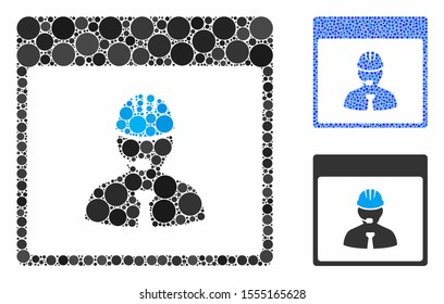 Engineer calendar day mosaic of filled circles in variable sizes and shades, based on engineer calendar day icon. Vector small circles are composed into blue mosaic.