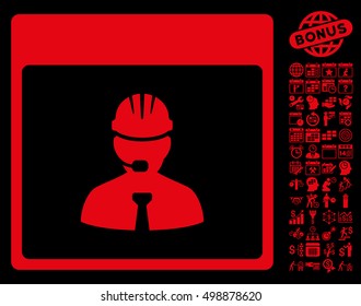 Engineer Calendar Day pictograph with bonus calendar and time management icon set. Vector illustration style is flat iconic symbols, red, black background.