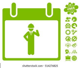 Engineer Calendar Day pictograph with bonus setup tools images. Vector illustration style is flat iconic symbols, eco green, white background.