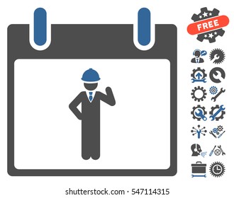 Engineer Calendar Day pictograph with bonus tools pictograph collection. Vector illustration style is flat iconic symbols, cobalt and gray, white background.