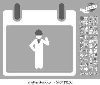 Engineer Calendar Day pictograph with bonus calendar and time management images. Vector illustration style is flat iconic symbols, dark gray and white, silver background.