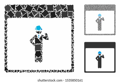 Engineer calendar page composition of joggly elements in variable sizes and color tones, based on engineer calendar page icon. Vector joggly elements are combined into collage.