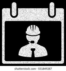 Engineer Calendar Page grainy textured icon for overlay watermark stamps. Flat symbol with dust texture. Dotted vector white ink rubber seal stamp with grunge design on a black background.