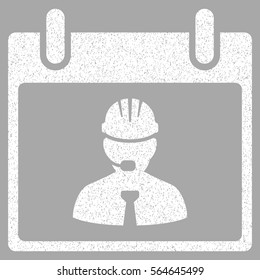 Engineer Calendar Page grainy textured icon for overlay watermark stamps. Flat symbol with dirty texture. Dotted vector white ink rubber seal stamp with grunge design on a silver background.