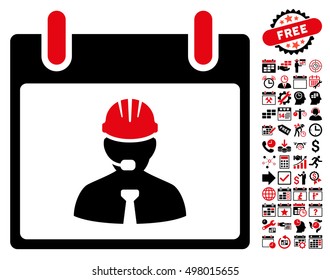Engineer Calendar Page icon with bonus calendar and time management clip art. Vector illustration style is flat iconic symbols, intensive red and black, white background.