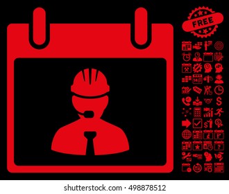 Engineer Calendar Page icon with bonus calendar and time management design elements. Vector illustration style is flat iconic symbols, red, black background.