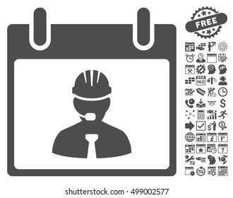 Engineer Calendar Page icon with bonus calendar and time management graphic icons. Vector illustration style is flat iconic symbols, gray, white background.