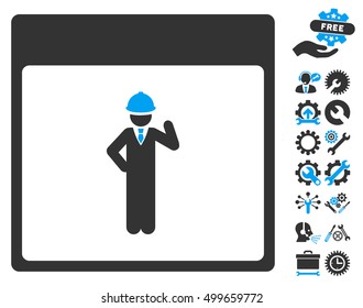 Engineer Calendar Page icon with bonus service symbols. Vector illustration style is flat iconic symbols, blue and gray, white background.