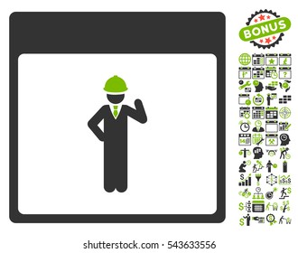 Engineer Calendar Page icon with bonus calendar and time management icon set. Vector illustration style is flat iconic symbols, eco green and gray, white background.