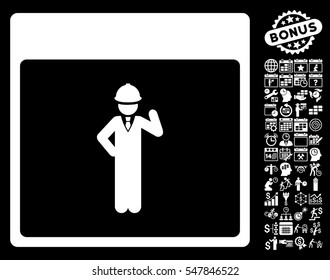 Engineer Calendar Page icon with bonus calendar and time management clip art. Vector illustration style is flat iconic symbols, white, black background.