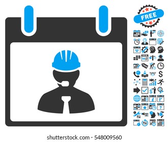 Engineer Calendar Page icon with bonus calendar and time management clip art. Vector illustration style is flat iconic symbols, blue and gray, white background.