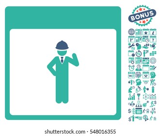 Engineer Calendar Page icon with bonus calendar and time management images. Vector illustration style is flat iconic symbols, cobalt and cyan, white background.