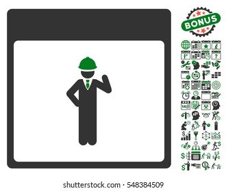 Engineer Calendar Page icon with bonus calendar and time management icon set. Vector illustration style is flat iconic symbols, green and gray, white background.