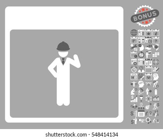 Engineer Calendar Page icon with bonus calendar and time management pictograms. Vector illustration style is flat iconic symbols, dark gray and white, silver background.
