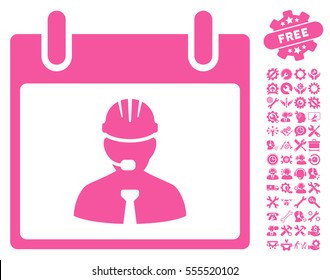 Engineer Calendar Page icon with bonus options graphic icons. Vector illustration style is flat iconic symbols, pink, white background.