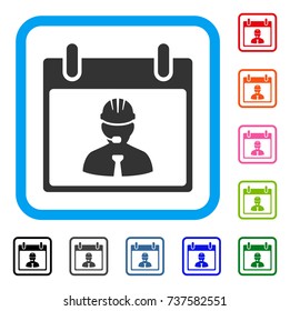 Engineer Calendar Page icon. Flat grey pictogram symbol in a light blue rounded frame. Black, gray, green, blue, red, orange color additional versions of Engineer Calendar Page vector.