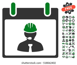 Engineer Calendar Page pictograph with bonus settings pictograms. Vector illustration style is flat iconic symbols, green and gray, white background.