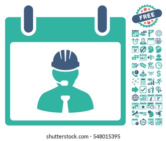 Engineer Calendar Page pictograph with bonus calendar and time management icon set. Vector illustration style is flat iconic symbols, cobalt and cyan, white background.