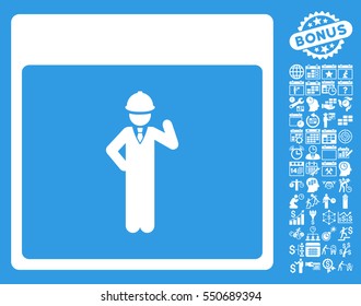 Engineer Calendar Page pictograph with bonus calendar and time management graphic icons. Vector illustration style is flat iconic symbols, white, blue background.